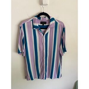 No Boundaries Mens Purple Teal Striped Rayon Short Sleeve Camp Shirt Size M